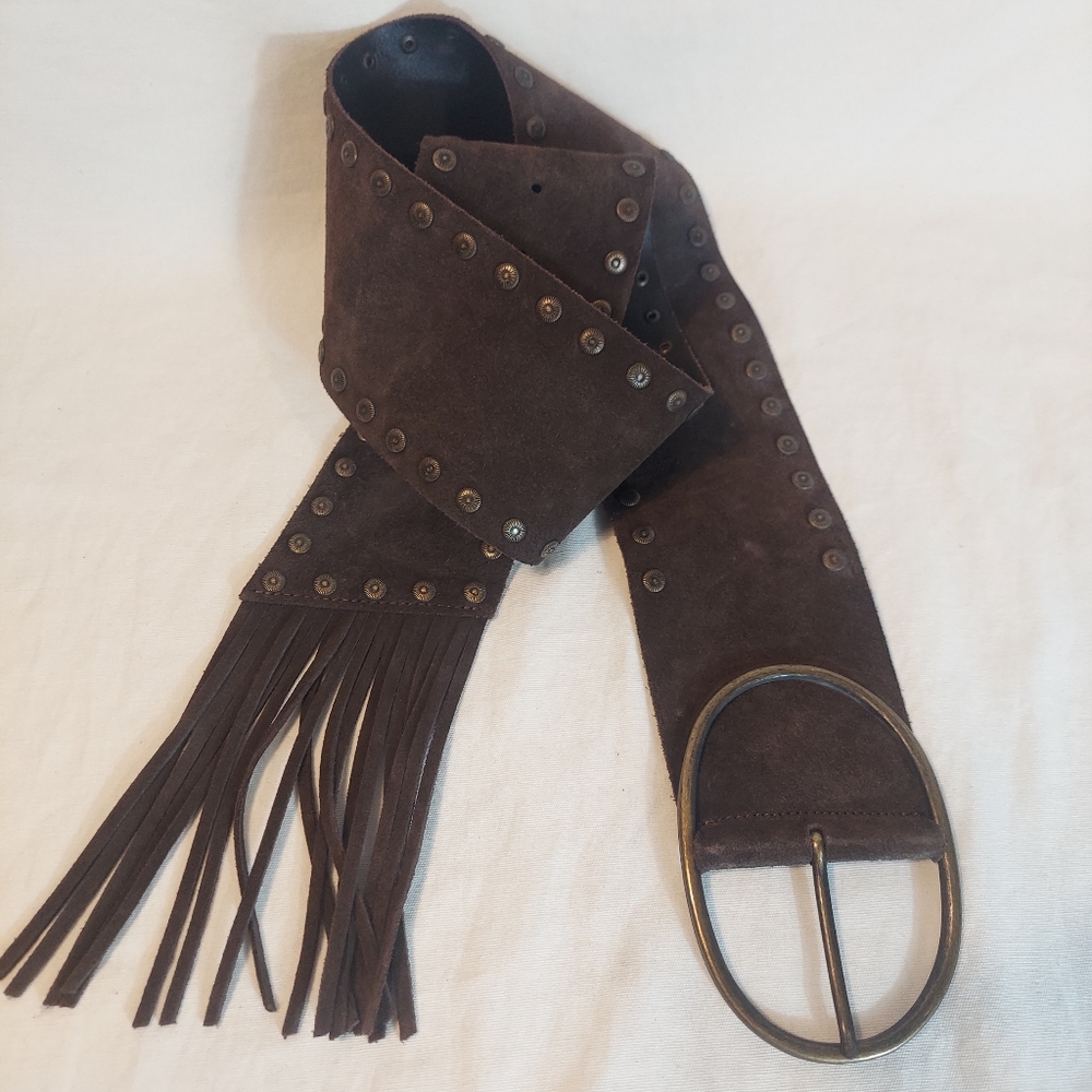 Garuglieri Belt Women's Italian Leather Suede Style 701 Brown Studded Fringe